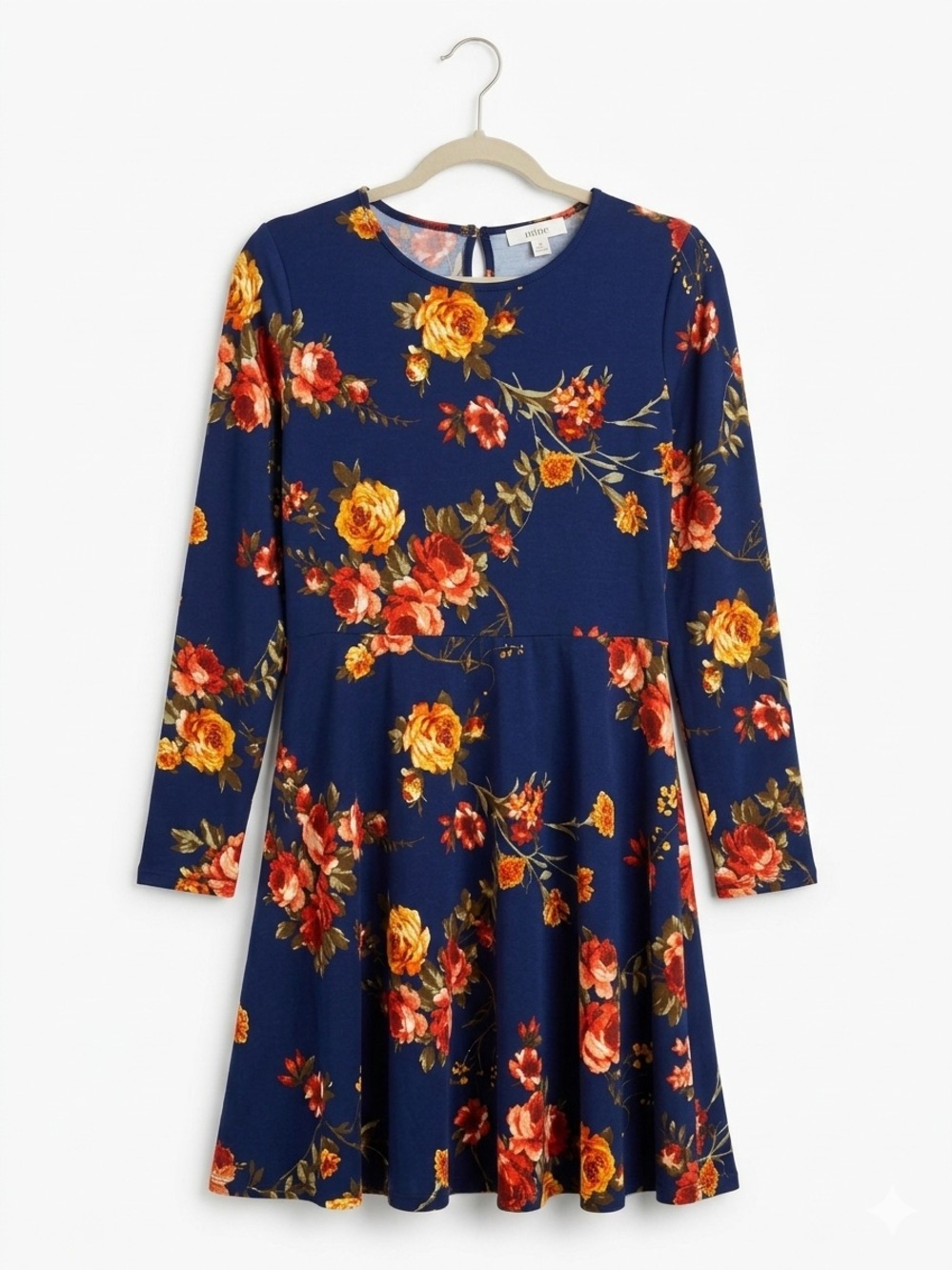 Women's Navy Floral Long-Sleeve Fit & Flare Dress